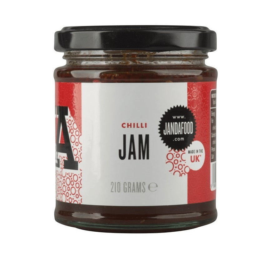 Janda Food Chilli Jam in a glass jar, showcasing its vibrant red color and thick, glossy texture.