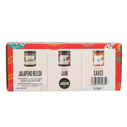 Janda Food Chilli Lover's Trio Gift Box showing three different chili condiments in a decorative gift set.