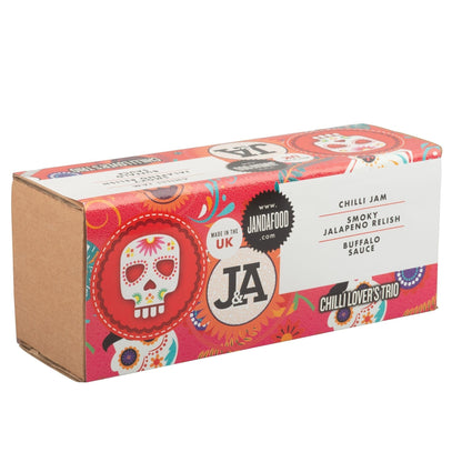 Janda Food Chilli Lover's Trio Gift Set in a decorative box, featuring three chili-based condiments and sauces.