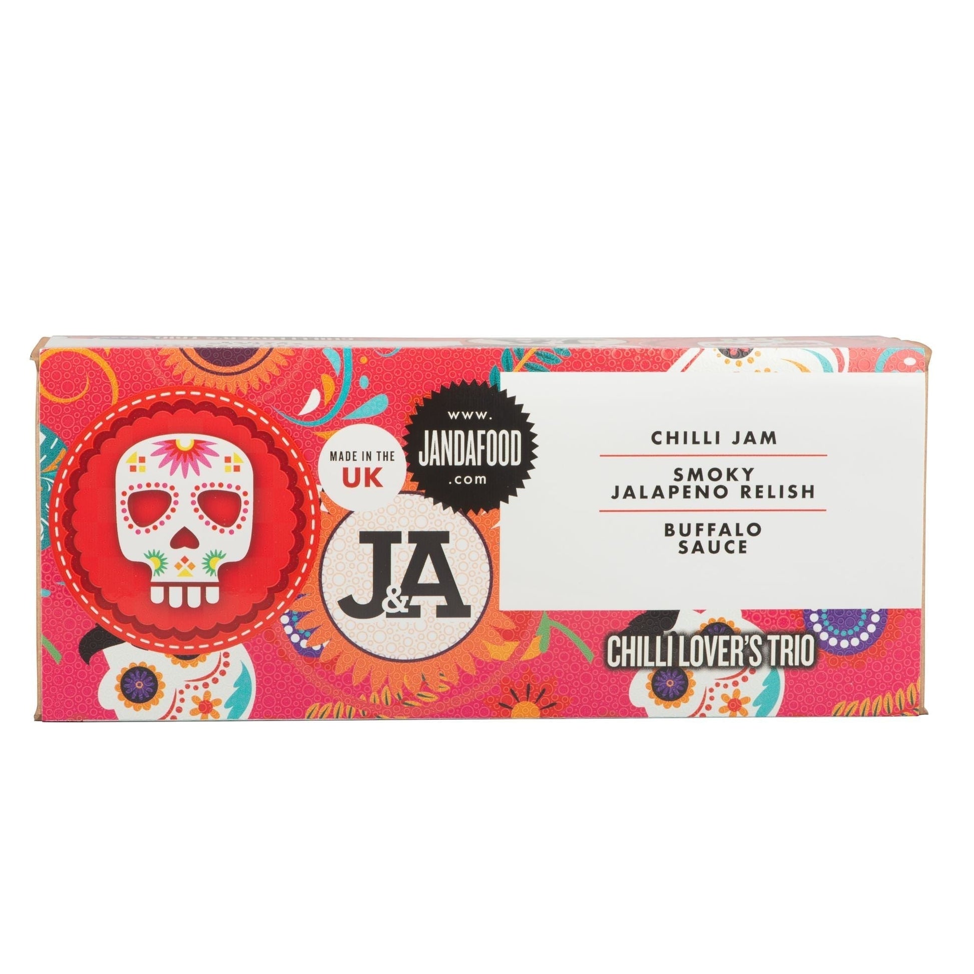 Janda Food Chilli Lover's Trio Gift Set in a decorative gift box with three different chili condiments, perfect for spice enthusiasts.