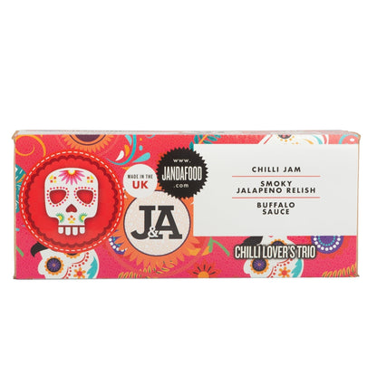 Janda Food Chilli Lover's Trio Gift Set in a decorative gift box with three different chili condiments, perfect for spice enthusiasts.
