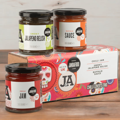 Janda Food Chilli Lover's Trio condiment gift set featuring three jars of spicy chili sauces in a decorative gift box.