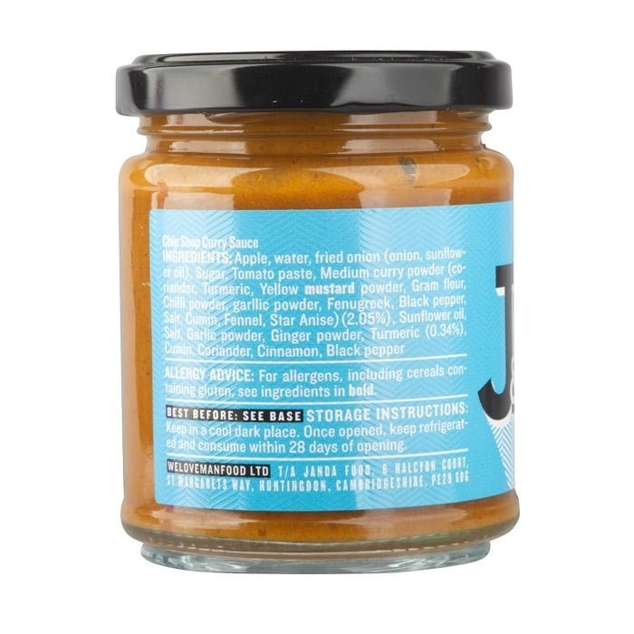 Jar of Janda Chip Shop Curry Sauce with label showing product name and branding, ready for serving with chips.