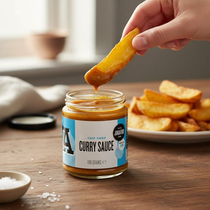 Janda Food Chip Shop Curry Sauce in a glass jar with a hand dipping a potato wedge into the rich, golden sauce.