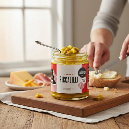 Jar of Janda Food Chunky Piccalilli with vibrant vegetables and mustard seeds in a glass jar on a white background.