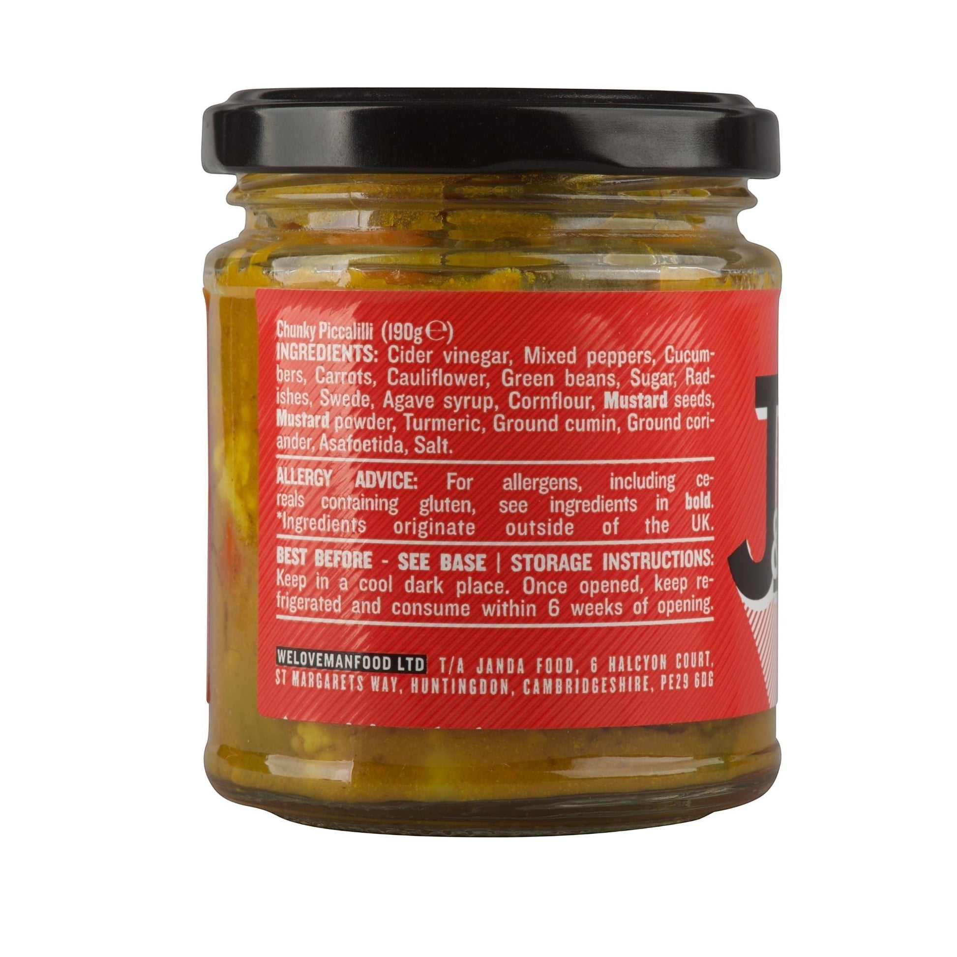 Janda Food Chunky Piccalilli jar with colorful label showing a thick, vegetable-based relish in a clear glass jar.