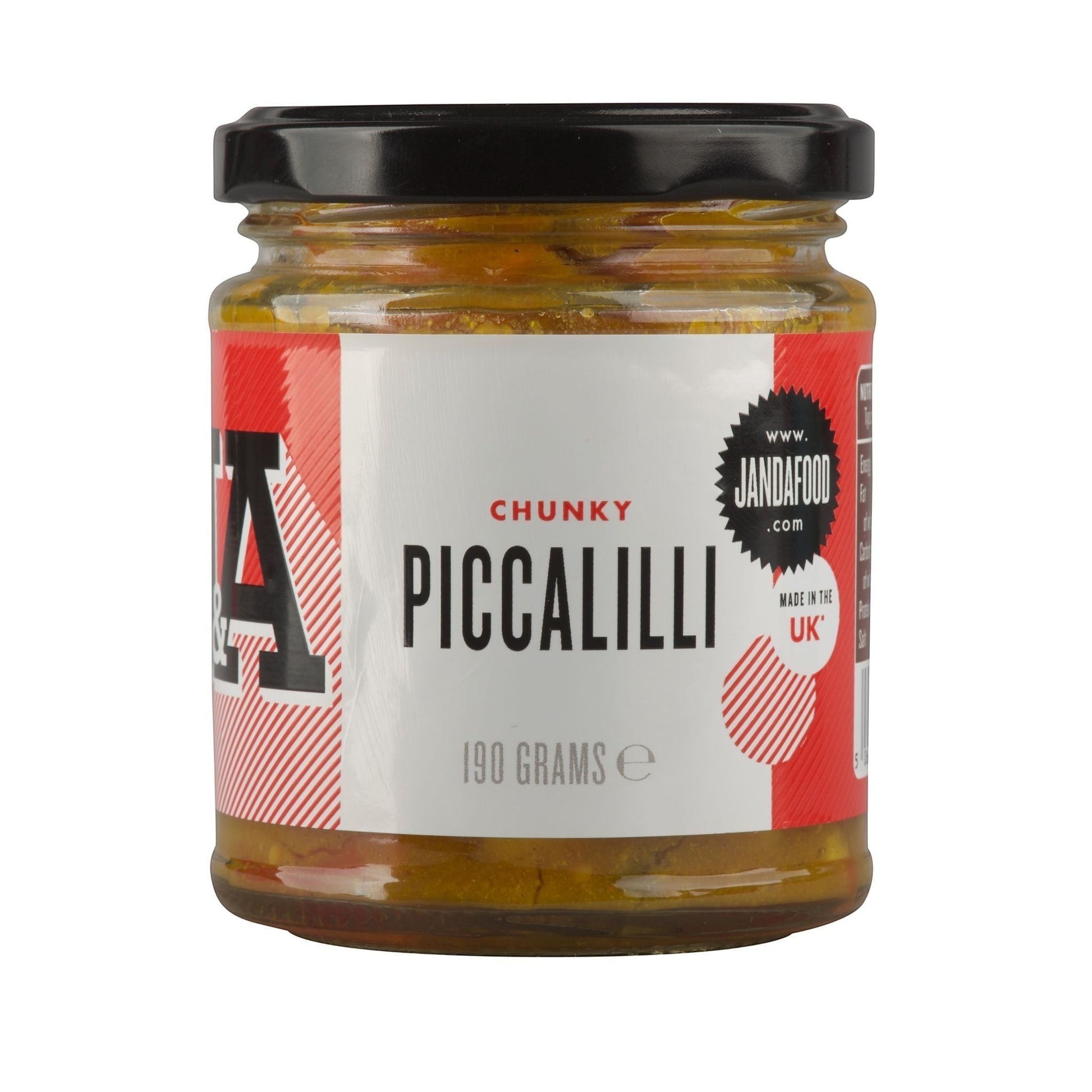 Janda Food Chunky Piccalilli relish in a jar, showcasing vibrant chopped vegetables and spices in a thick relish.