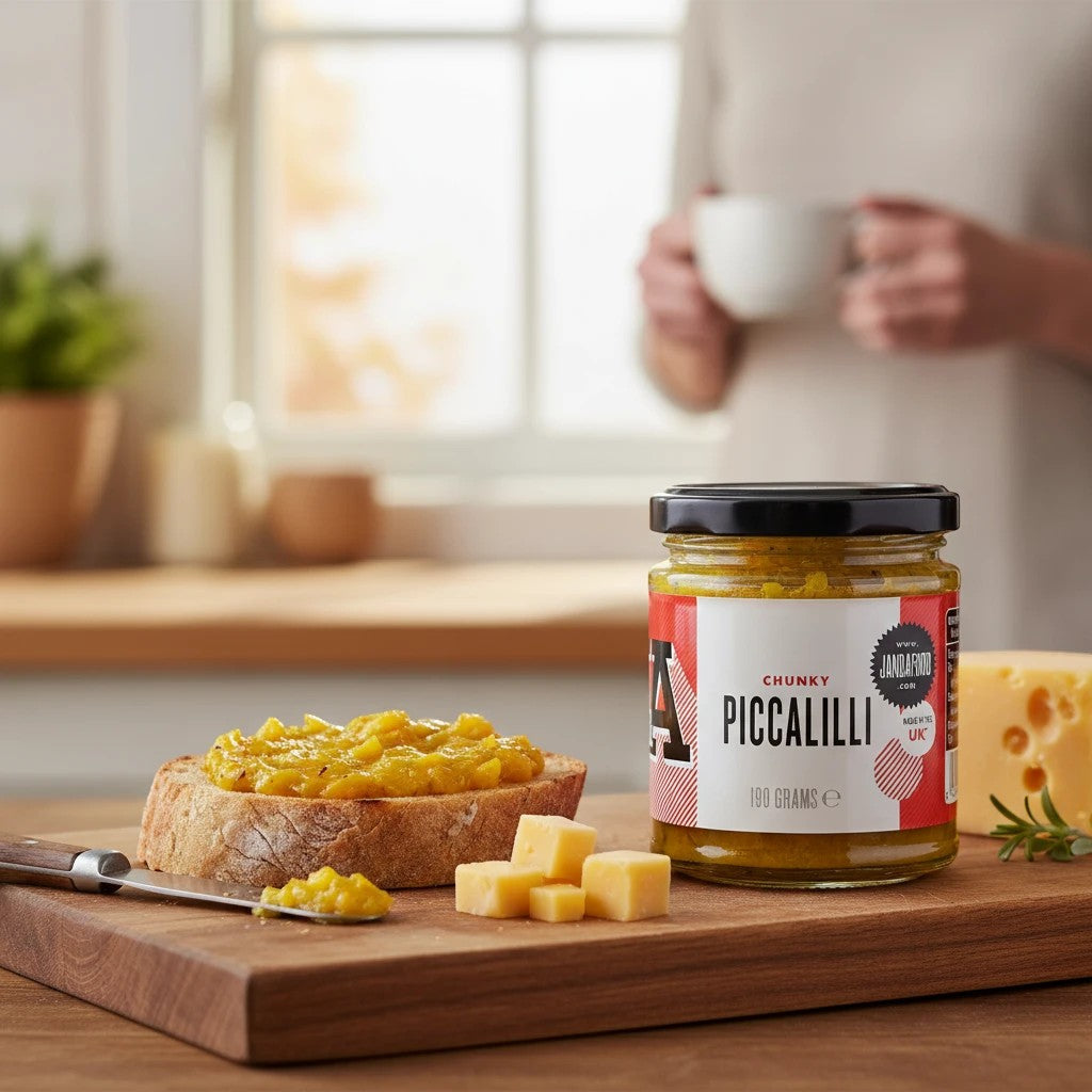 Janda Food Chunky Piccalilli relish jar with vibrant chunky vegetables, showcasing the colorful, textured condiment inside.