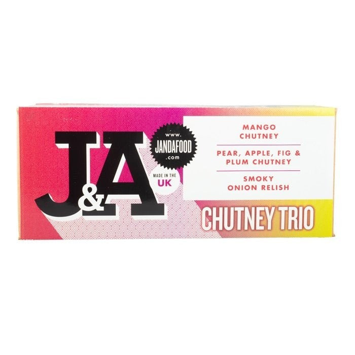 Janda Chutney and Relish Trio Gift Box with three jars of assorted chutneys and relishes in a decorative gift set.