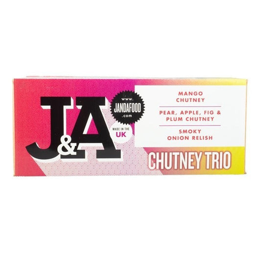 Janda Food Chutney Trio gift box featuring mango, fruit, and onion relish flavours in a vibrant gradient package.