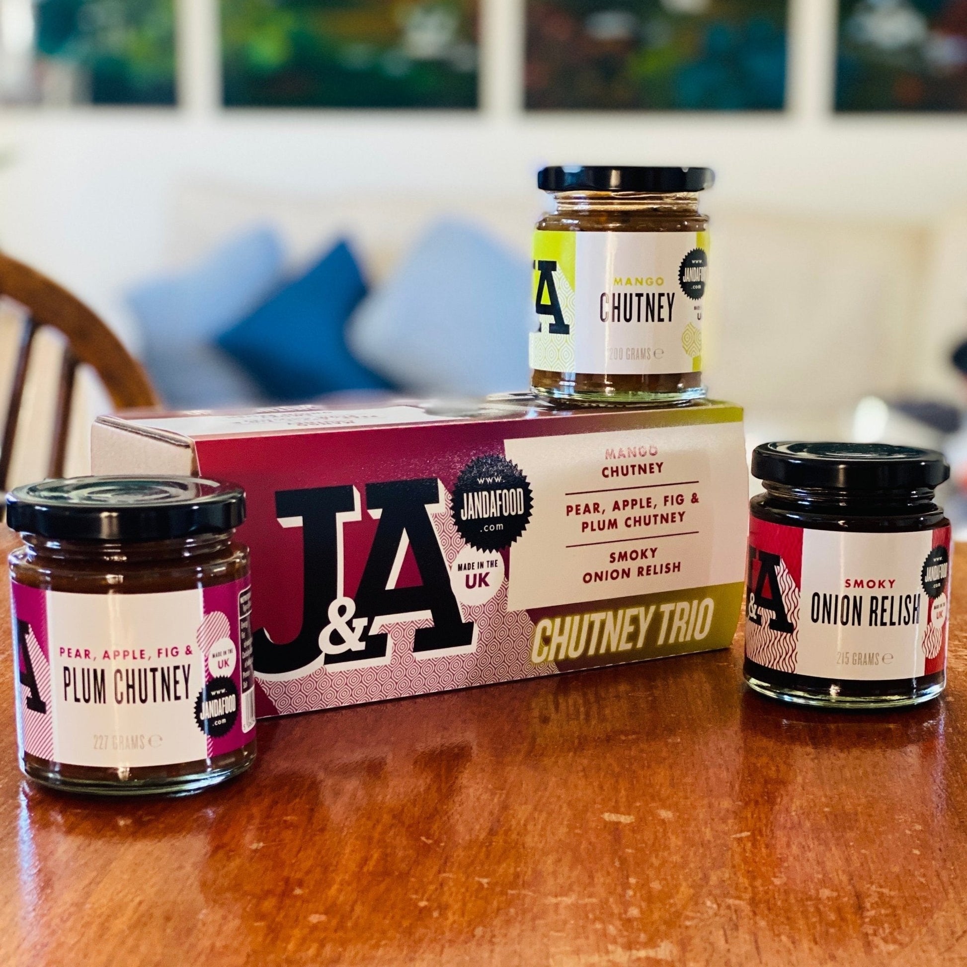 Janda J&A Chutney and Relish Trio Gift Box with three jars of assorted chutneys and relishes in a decorative gift set.