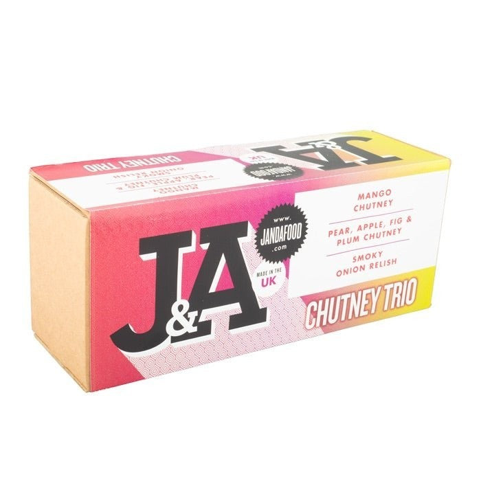 Janda Chutney and Relish Trio gift box with three jars of assorted chutneys and relishes in a decorative gift set.