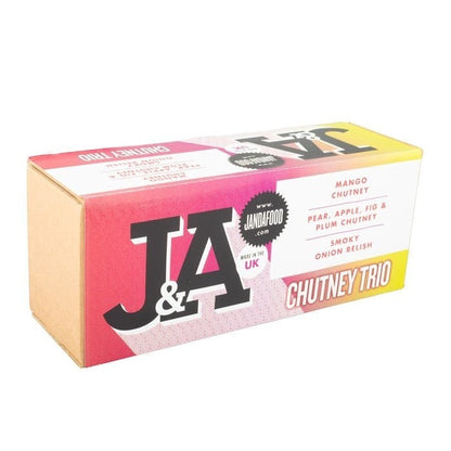 Janda Chutney and Relish Trio gift box with three jars of assorted chutneys and relishes in a decorative gift set.