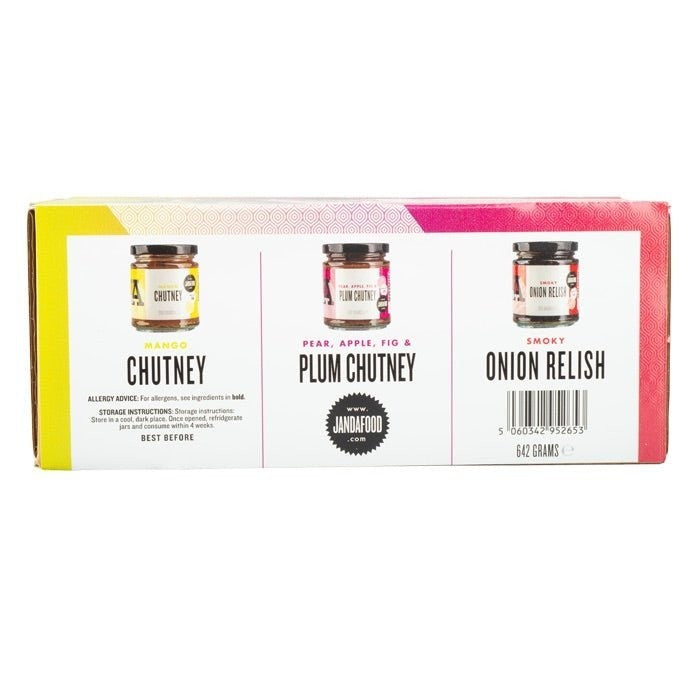 Janda J&A chutney and relish trio gift box with three jars of flavorful condiments in a decorative gift set.