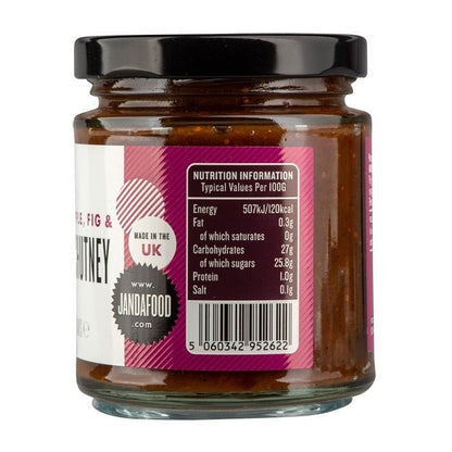 Janda Pear, Apple, Fig & Plum Chutney jar with colorful label showing fresh fruit ingredients and product branding.