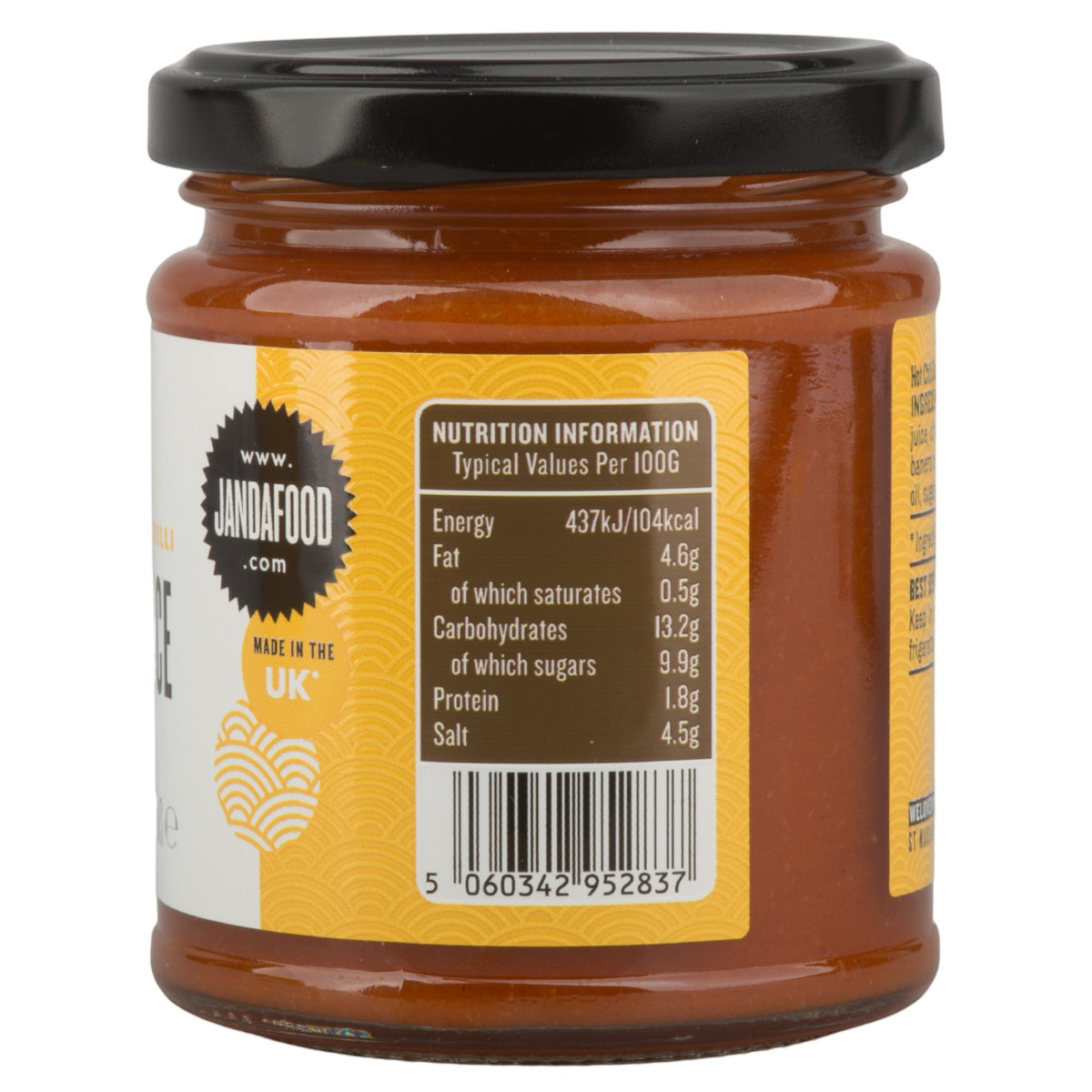 Janda Hot Chilli Sauce 190g bottle with red jalapeno and habanero chili label, showcasing vibrant red and orange chili peppers.