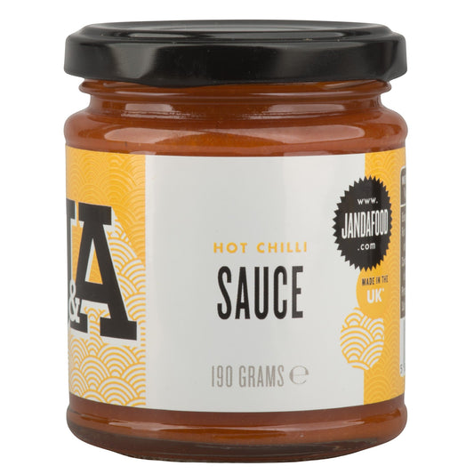 Janda Hot Chilli Sauce 190g with aged red jalapenos and habanero chillies, showcasing vibrant red sauce in a jar.