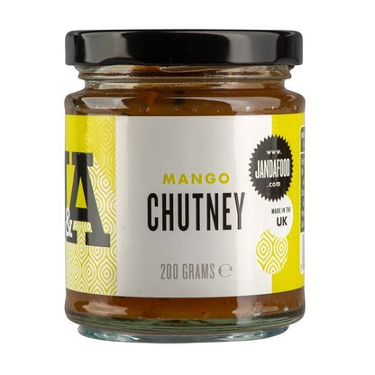 Jar of Janda Mango Chutney, a flavorful Indian condiment with ripe mango pieces and spices in a glass jar.