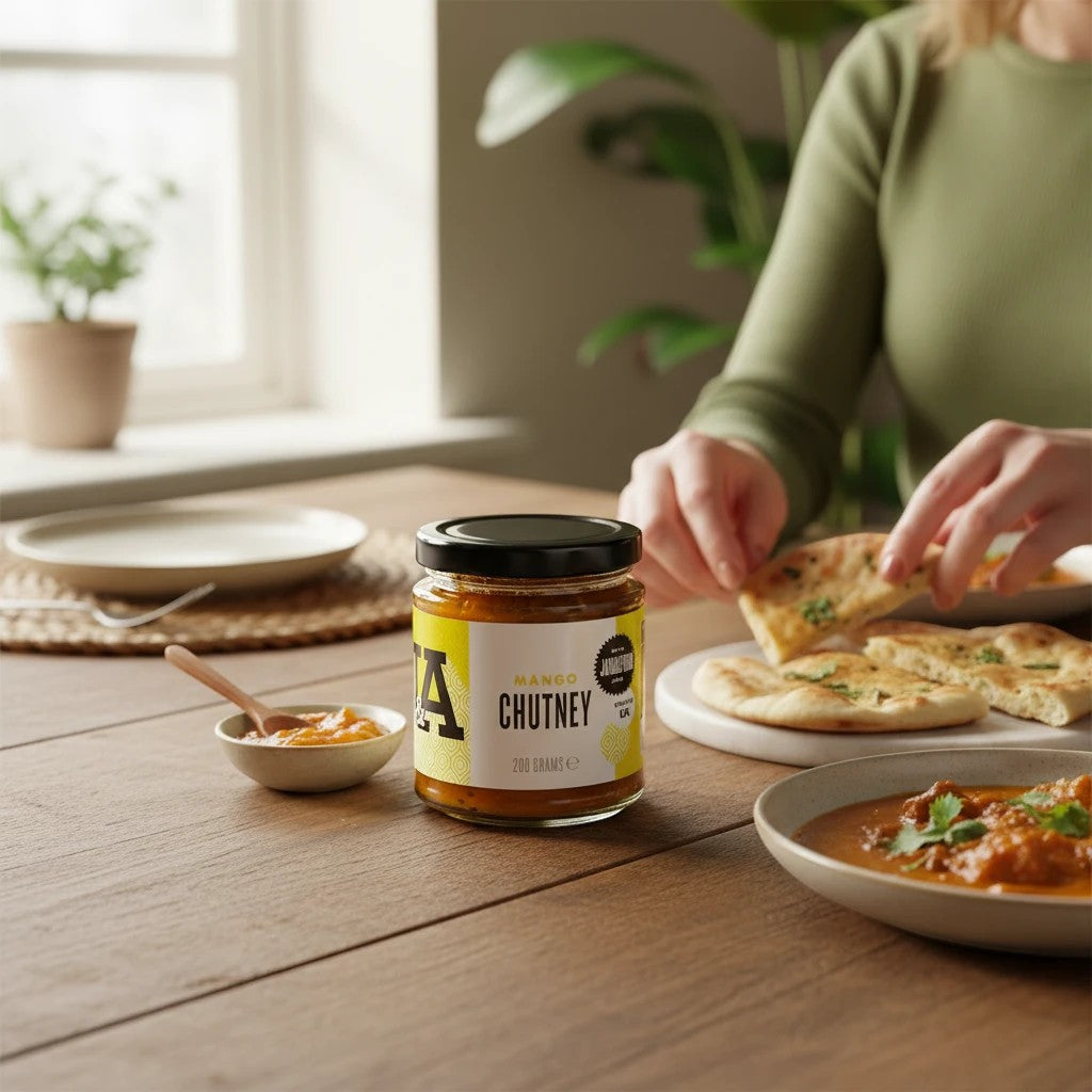 Janda Mango Chutney jar with label, showcasing its rich, golden color and thick texture, perfect for pairing with Indian dishes.