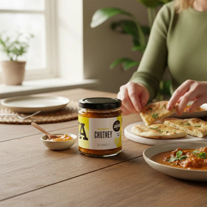 Janda Mango Chutney jar with label, showcasing its rich, golden color and thick texture, perfect for pairing with Indian dishes.