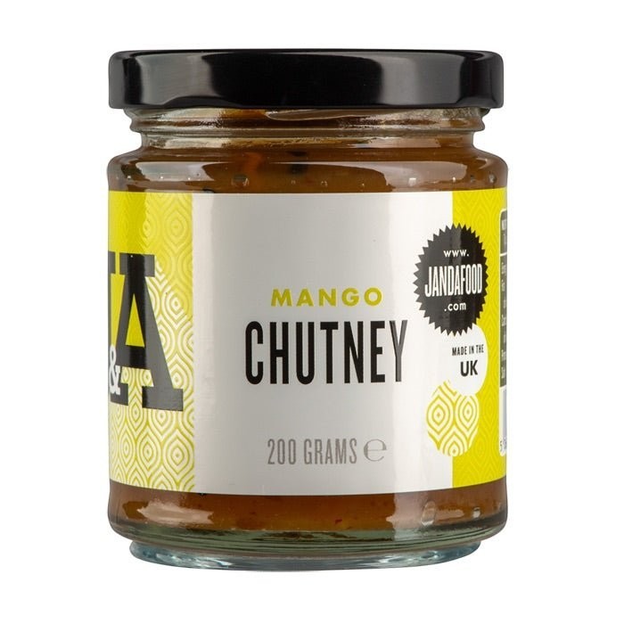 J&A Mango Chutney jar, a flavorful Indian condiment with vibrant orange color and a label showcasing mango and spices.