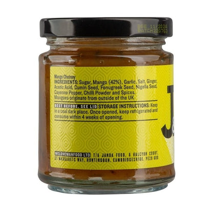 Janda Mango Chutney jar with label showing ripe mango images, perfect Indian food condiment and flavorful mango spread.