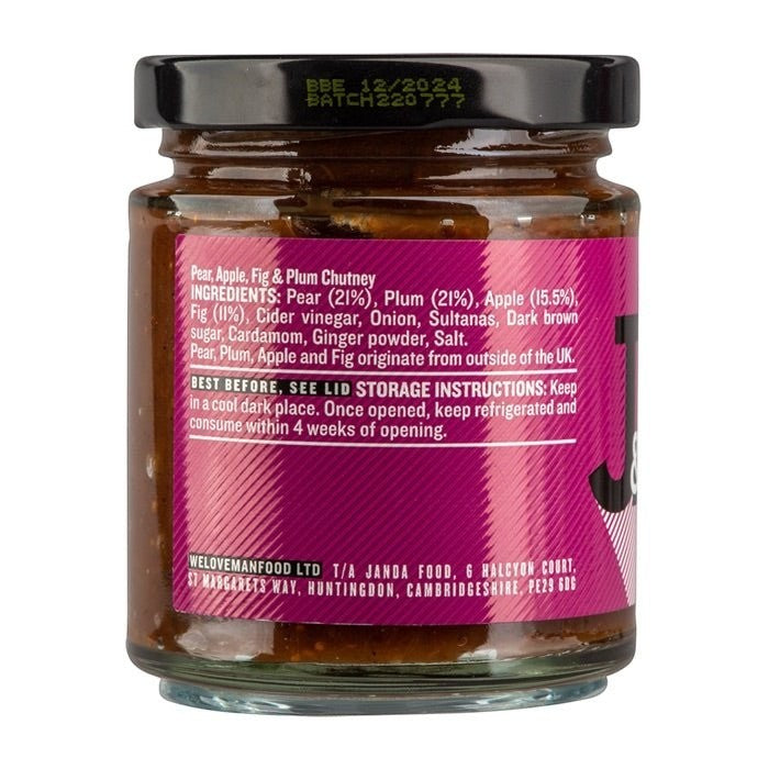 Janda Pear, Apple, Fig & Plum Chutney jar with colorful label and fresh fruit images on the label.