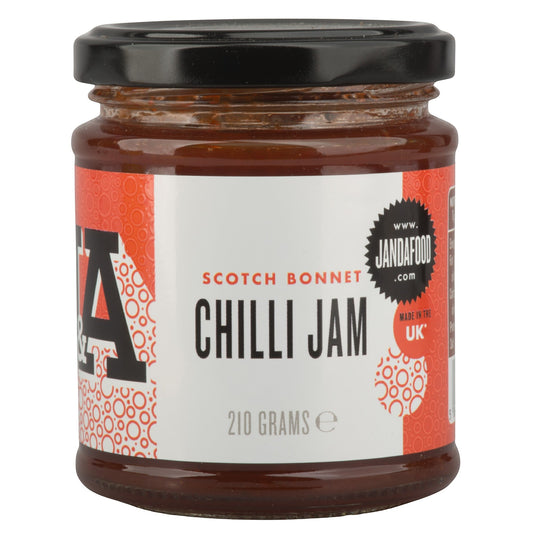 Janda Food Scotch Bonnet Chilli Jam in a 210g glass jar with a black lid, featuring a bold red and white label.
