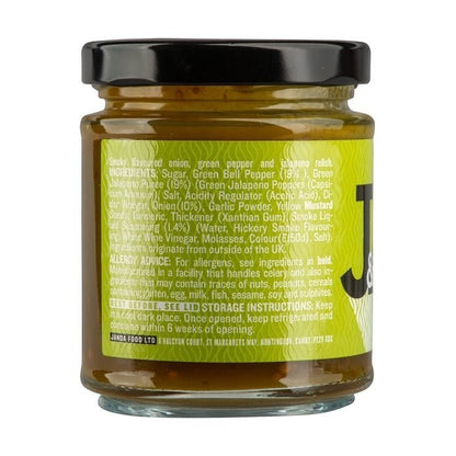 Janda Smoky Jalapeno Relish jar with label showcasing spicy jalapenos and smoky flavor for enhancing dishes.