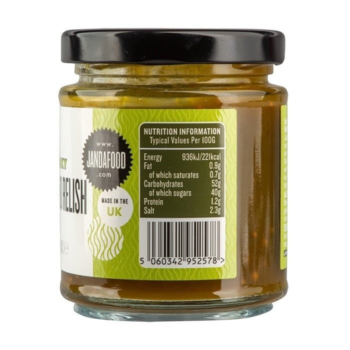 Janda Smoky Jalapeno Relish jar with nutrition label, showcasing spicy jalapeno relish with smoky flavor and vibrant red color.