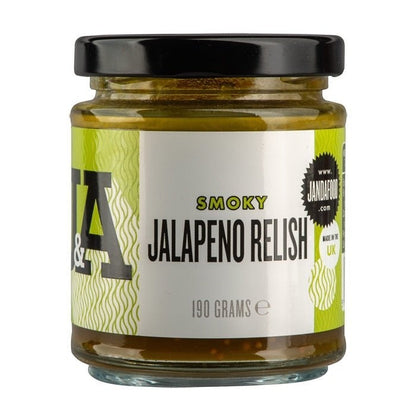Janda Smoky Jalapeno Relish in a jar, showcasing vibrant green jalapenos and smoky flavor for spicy dishes.