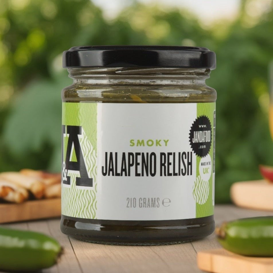 Janda smoky jalapeno relish in a glass jar, showing vibrant green jalapenos and spicy relish with smoky flavor.
