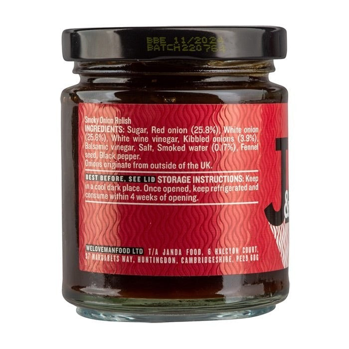 Janda Food Smoky Onion Relish jar, a gourmet smoky onion condiment ideal for cheese and savory dishes.