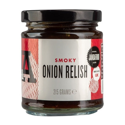 Janda Food Smoky Onion Relish jar showing a dark, chunky relish with onion pieces and smoky flavor, ideal for cheese accompaniments.
