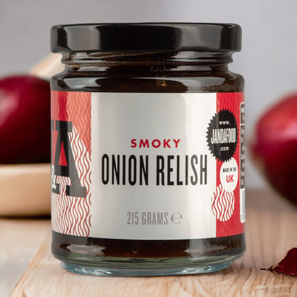 Jar of Janda Food Smoky Onion Relish featuring dark caramelized onions and smoky sauce in a glass container, ready for gourmet cheese pairing