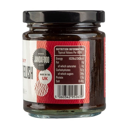 Janda Food Smoky Onion Relish jar with label, a gourmet condiment ideal for cheese pairings and savory dishes.