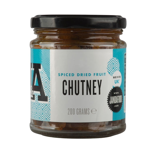 Janda Food 200g jar of artisanal spiced dried fruit chutney with a white and blue label, made in the UK.
