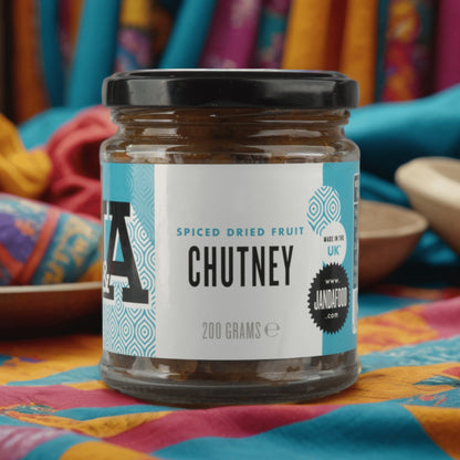 Janda Food Spiced Dried Fruit Chutney in a glass jar with a blue and white label on a colourful patterned cloth
