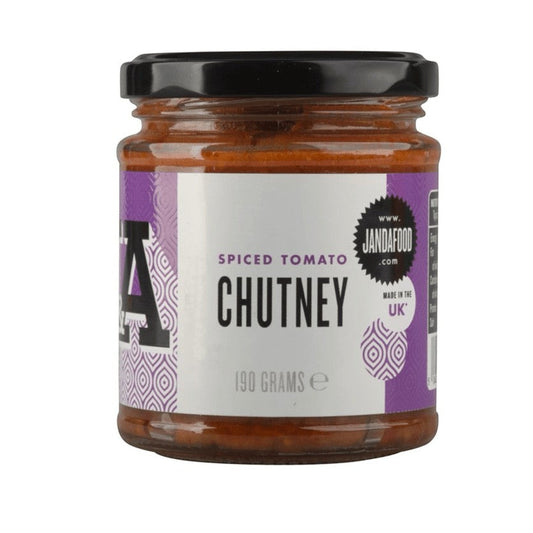 Janda Food spiced tomato chutney in a glass jar with a purple label, hand-bottled and made in the UK.