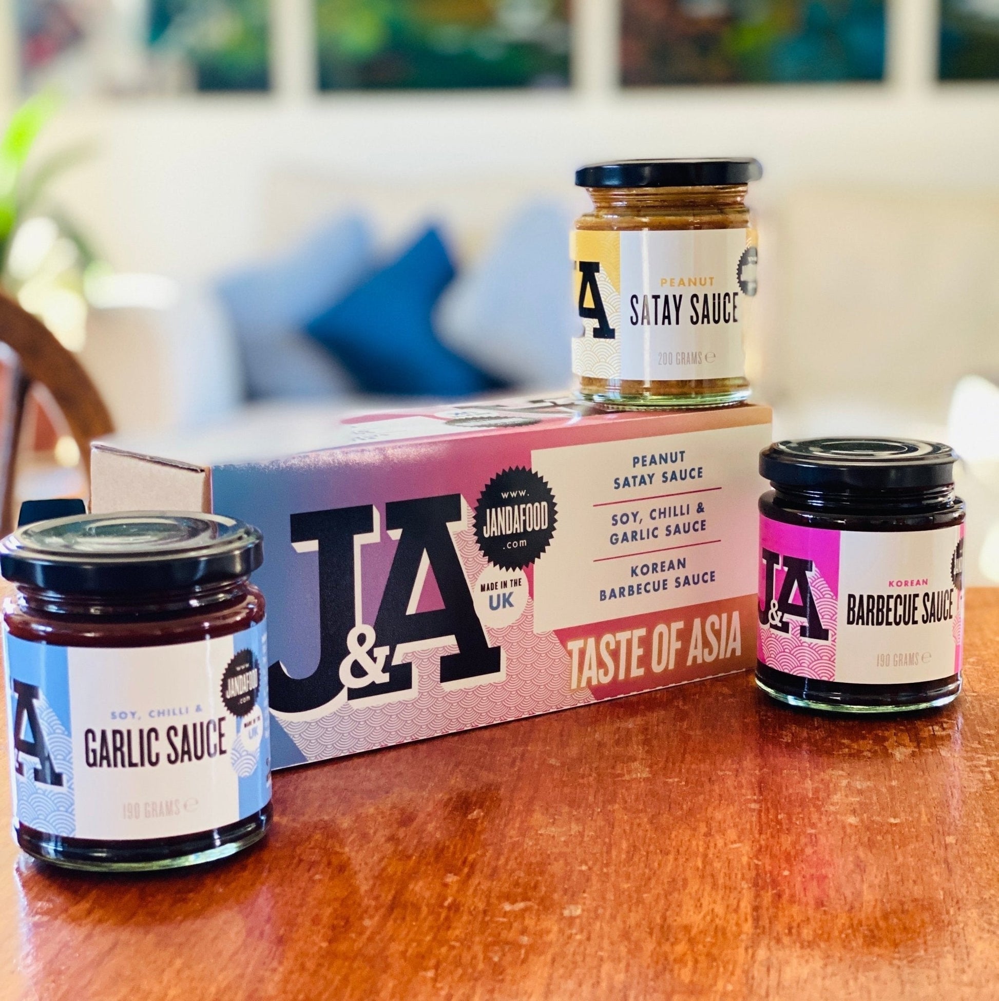 Janda Taste of Asia Gift Box with assorted sauces and condiments, featuring colorful packaging and variety of Asian flavors.