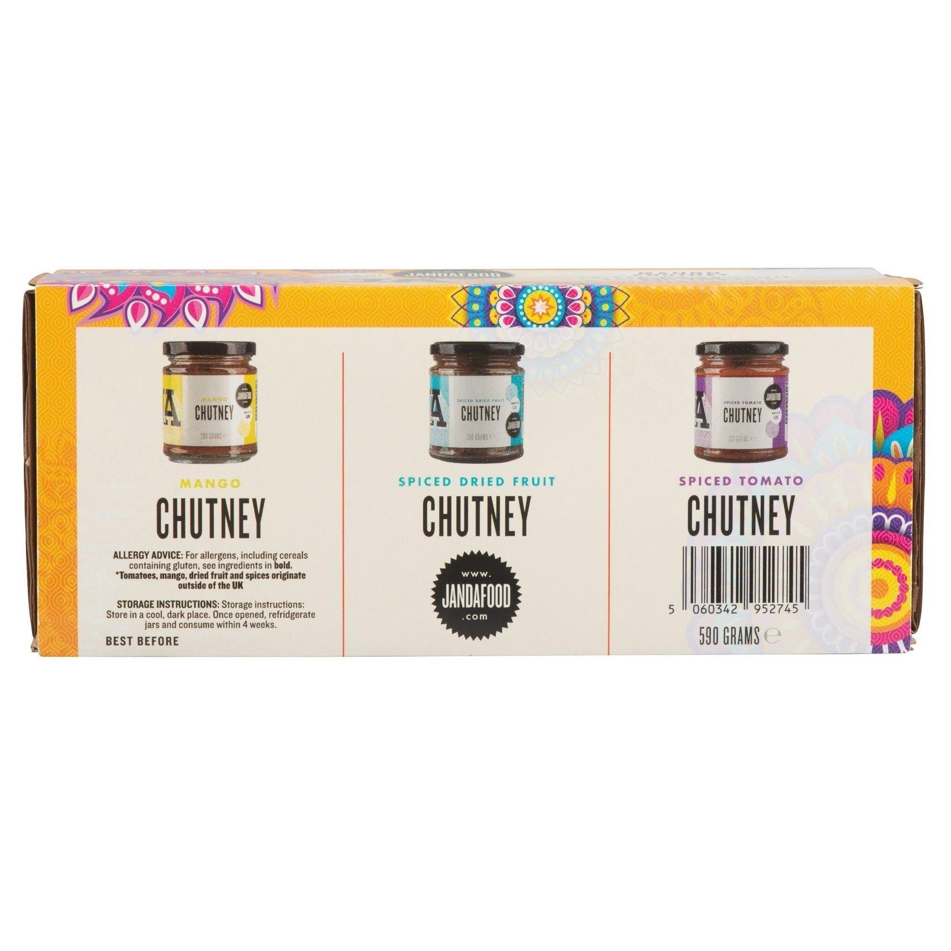 Janda Food Taste of India gift box featuring three jars of handcrafted mango, spiced dried fruit, and tomato chutney.
