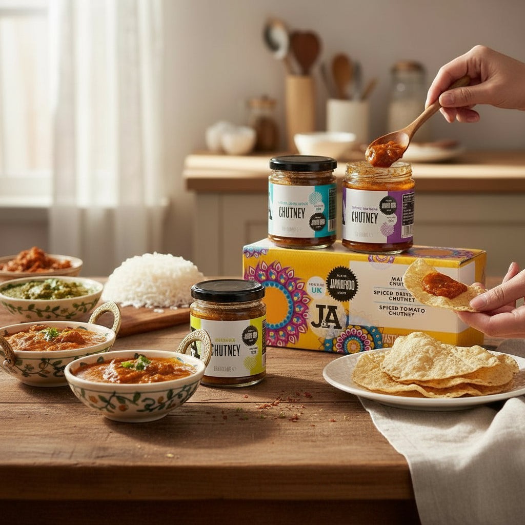 Janda Food Taste of India gift box featuring three jars of handcrafted chutneys served with poppadoms and curry bowls.