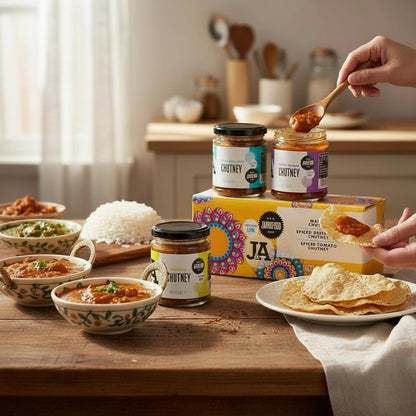 Janda Food Taste of India gift box featuring three jars of handcrafted chutneys served with poppadoms and curry bowls.