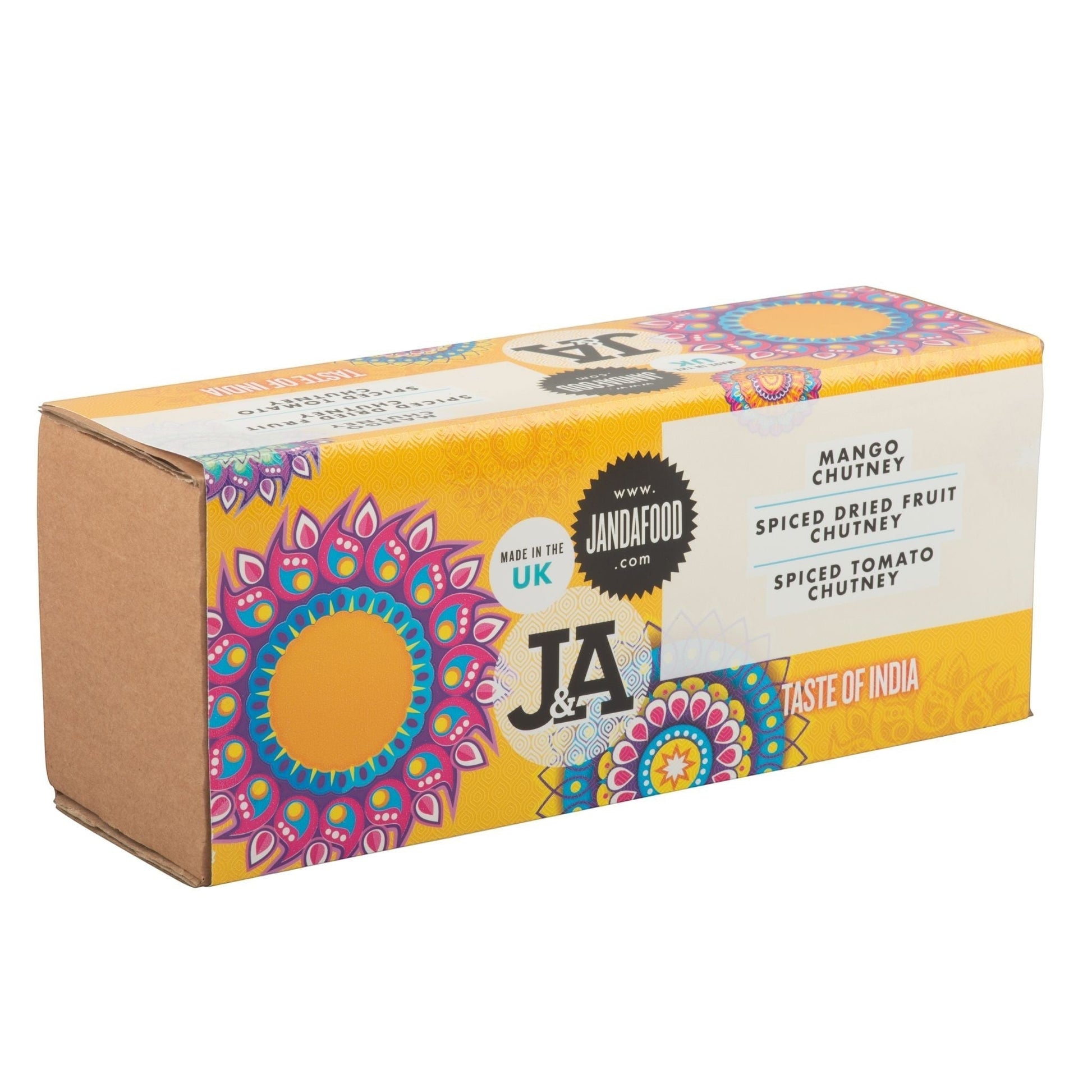 Janda Food Taste of India gift box featuring three handcrafted chutneys in colourful, patterned packaging.