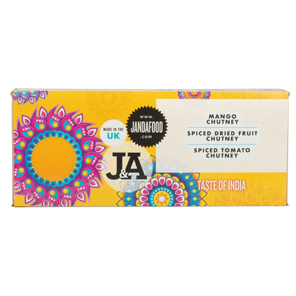 Janda Food Taste of India gift box featuring vibrant yellow packaging with three handcrafted chutney varieties.