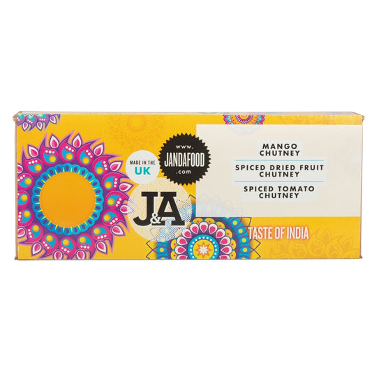 Janda Taste of India gift box with assorted chutneys and spices, featuring colorful jars and traditional Indian packaging.