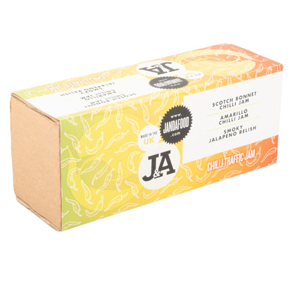 Janda Traffic Chilli Jam Gift Box showing three jars of fiery chilli jams and relishes in a gift box.