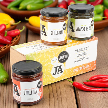 Janda Traffic Chilli Jam Gift Box with three fiery chilli jams and relishes in a decorative gift box.