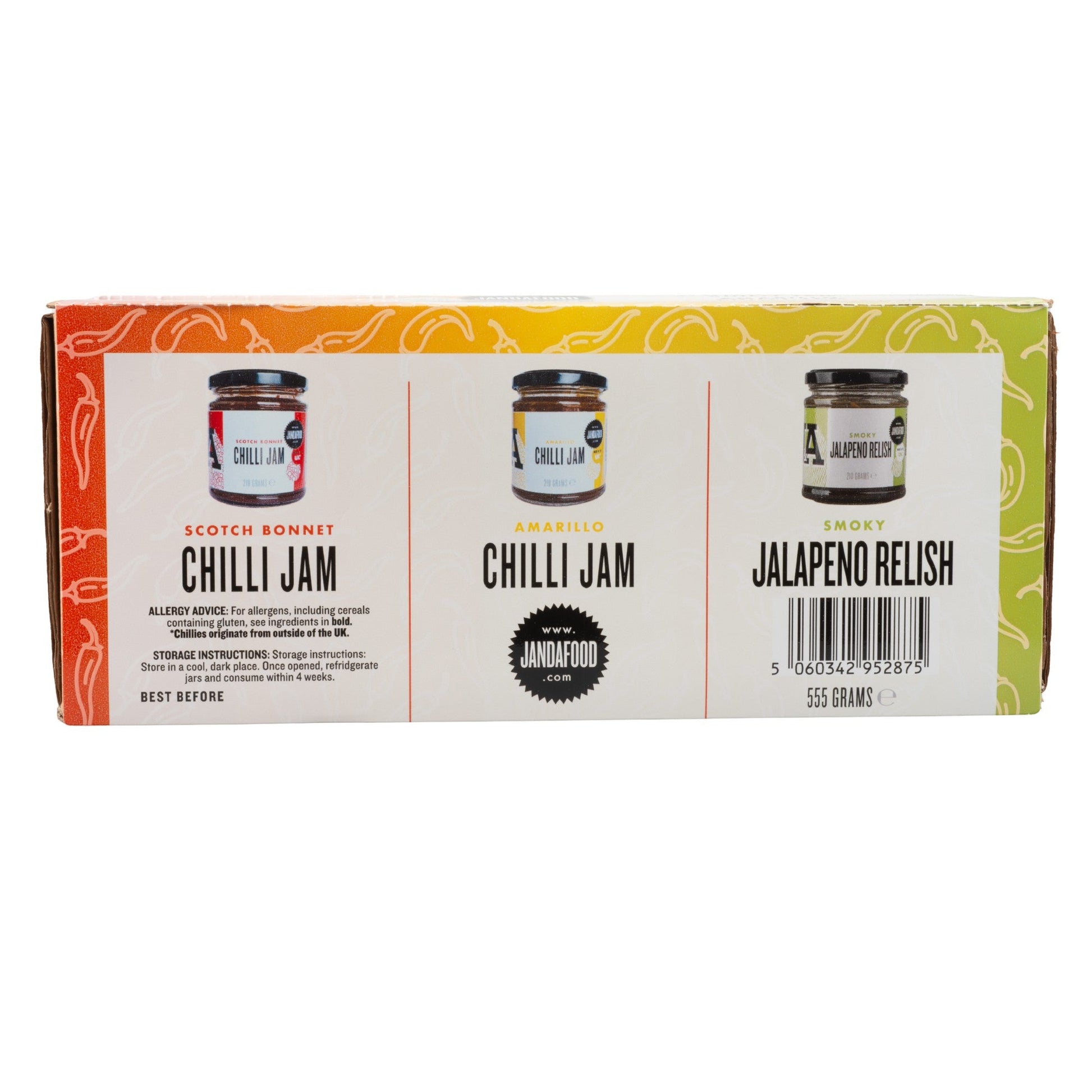 Janda Traffic Chilli Jam Gift Box with three fiery chilli jams and relishes in a decorative gift box.