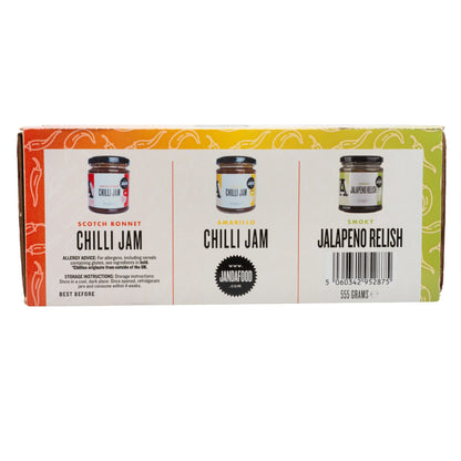 Janda Traffic Chilli Jam Gift Box with three fiery chilli jams and relishes in a decorative gift box.